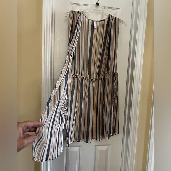 Xhilaration-Denim Blue-Ivory-Golden Stripes Lightly Sheer Open Front Shirt Dress - Picture 4 of 12